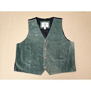 River Trader Vest Men's XL Green Leather Western Cowboy Rodeo Buckle Back Biker